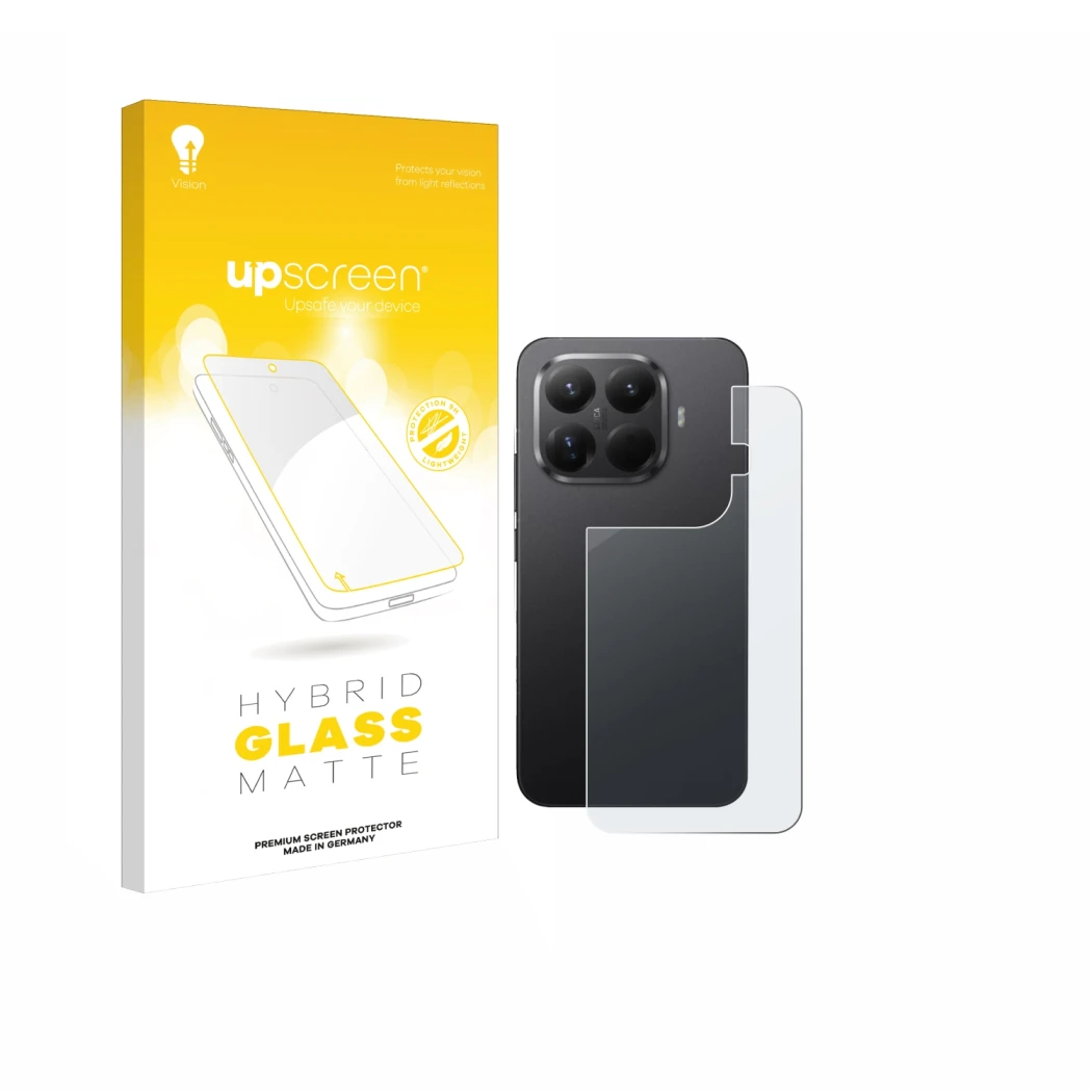 Parte frontale di una confezione del prodotto con il logo del marchio upscreen. Accanto è raffigurato il dispositivo Xiaomi 15