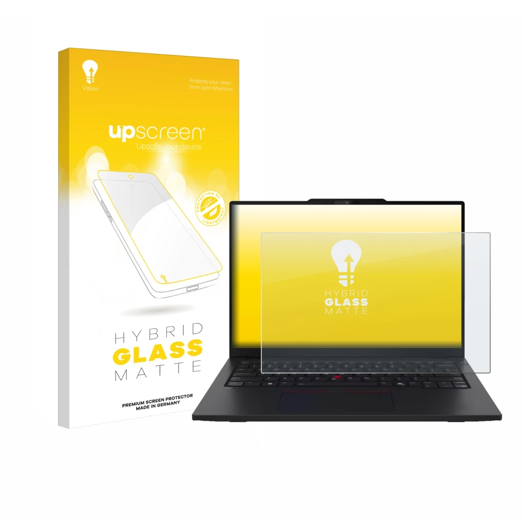 Parte frontale di una confezione del prodotto con il logo del marchio upscreen. Accanto è raffigurato il dispositivo Lenovo Th