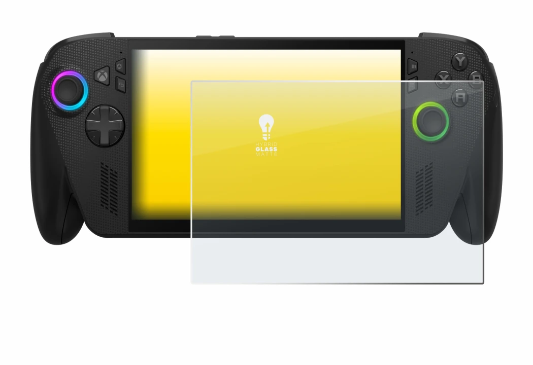 Immagine del dispositivo ASUS ROG Ally X 2025 con un'ampia varietà di protezioni per lo schermo.