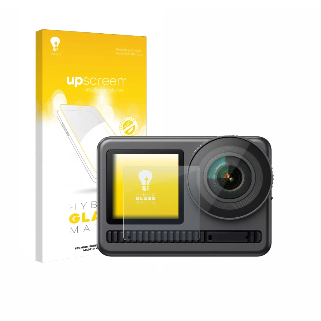 Parte frontale di una confezione del prodotto con il logo del marchio upscreen. Accanto è raffigurato il dispositivo Akaso Bra