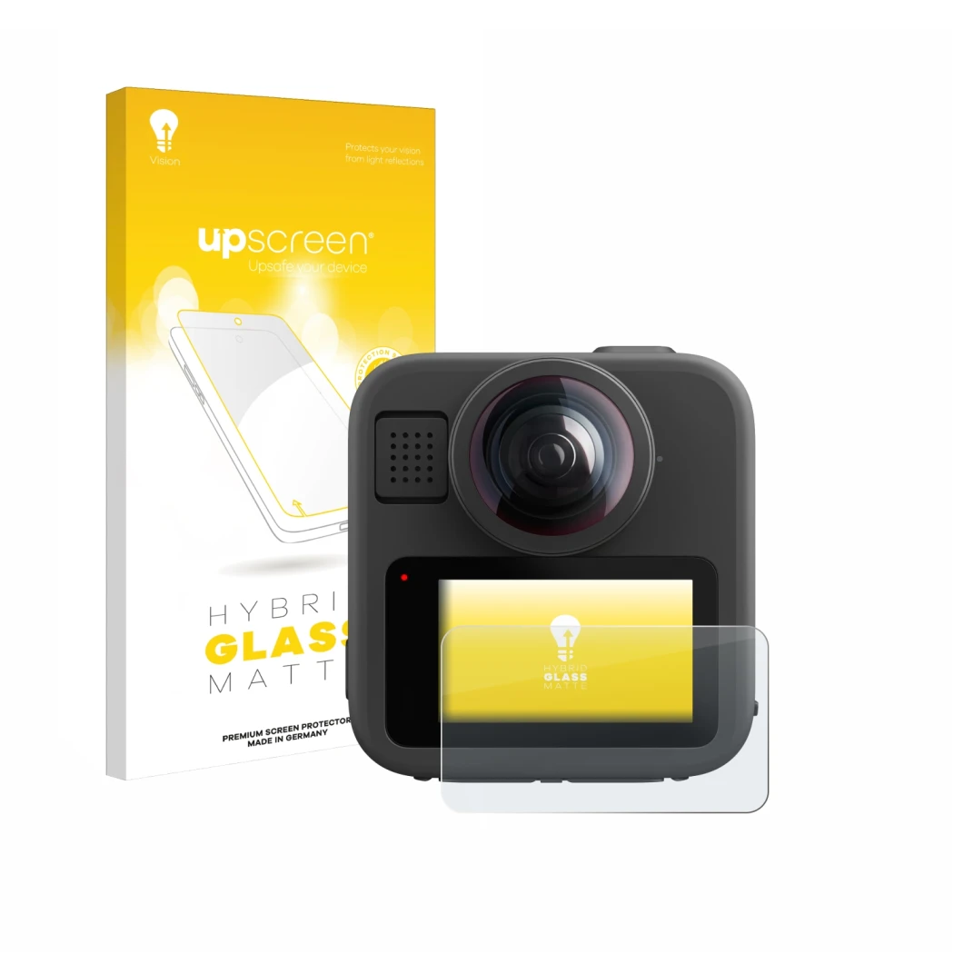 Parte frontale di una confezione del prodotto con il logo del marchio upscreen. Accanto è raffigurato il dispositivo GoPro Max