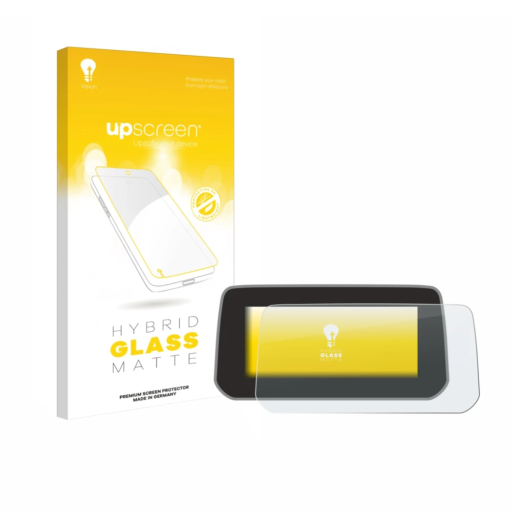 Parte frontale di una confezione del prodotto con il logo del marchio upscreen. Accanto è raffigurato il dispositivo Mazda CX-