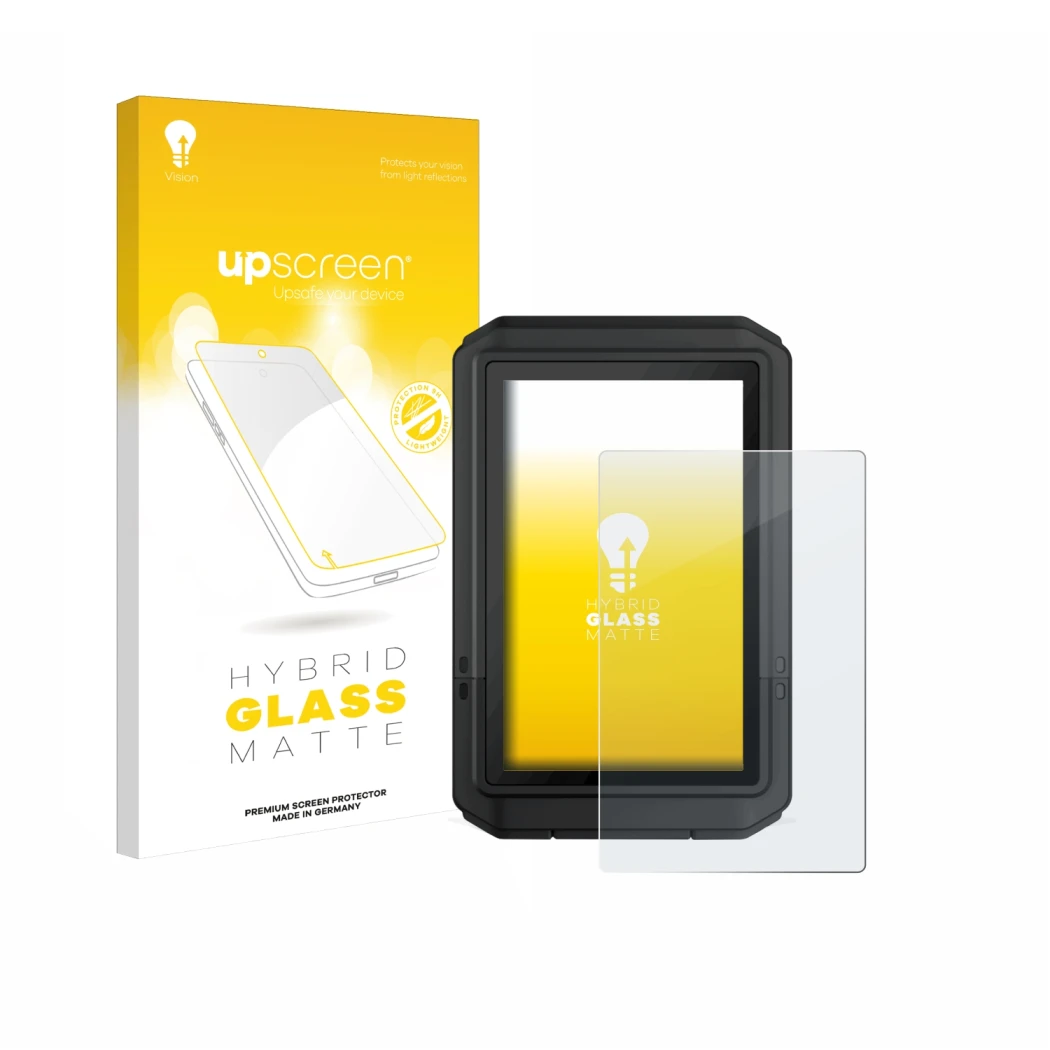 Parte frontale di una confezione del prodotto con il logo del marchio upscreen. Accanto è raffigurato il dispositivo Garmin eT