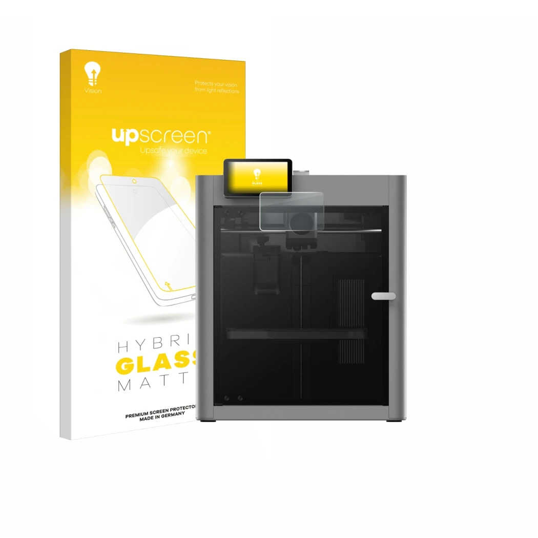 Parte frontale di una confezione del prodotto con il logo del marchio upscreen. Accanto è raffigurato il dispositivo Bambu Lab