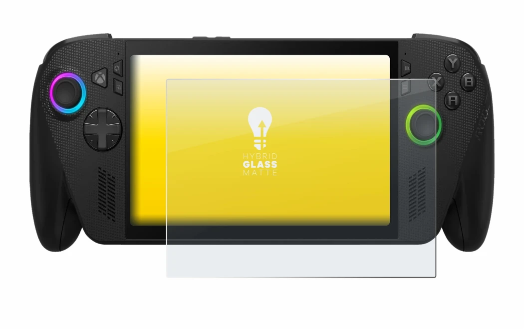 Immagine del dispositivo ASUS ROG Xbox Ally X con un'ampia varietà di protezioni per lo schermo.