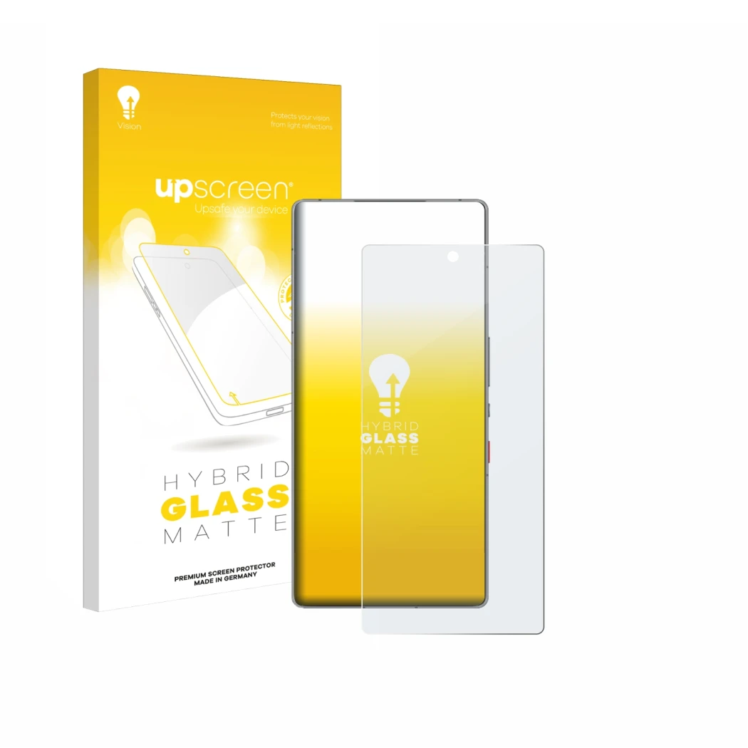 Parte frontale di una confezione del prodotto con il logo del marchio upscreen. Accanto è raffigurato il dispositivo ZTE Nubia