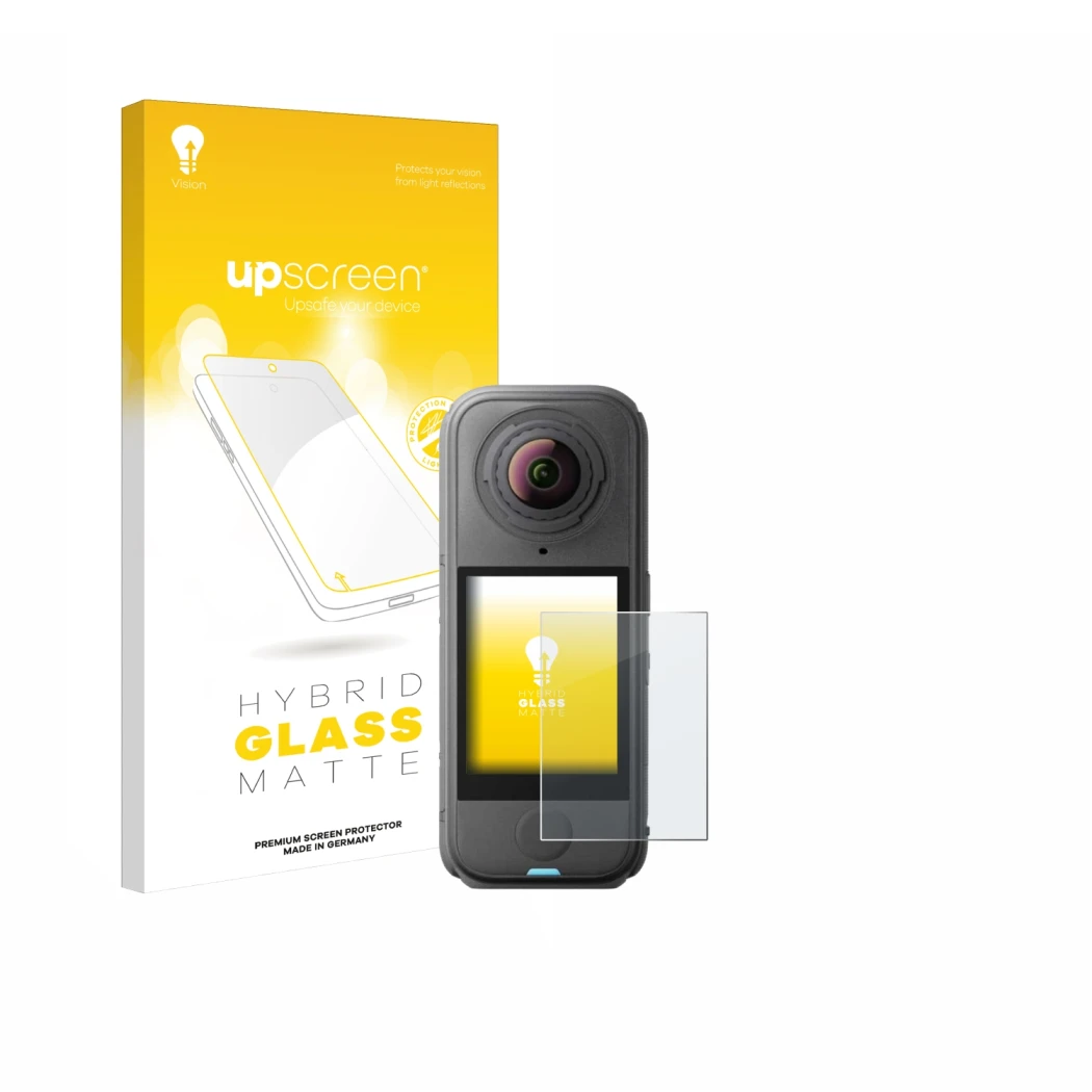 Parte frontale di una confezione del prodotto con il logo del marchio upscreen. Accanto è raffigurato il dispositivo Insta360 