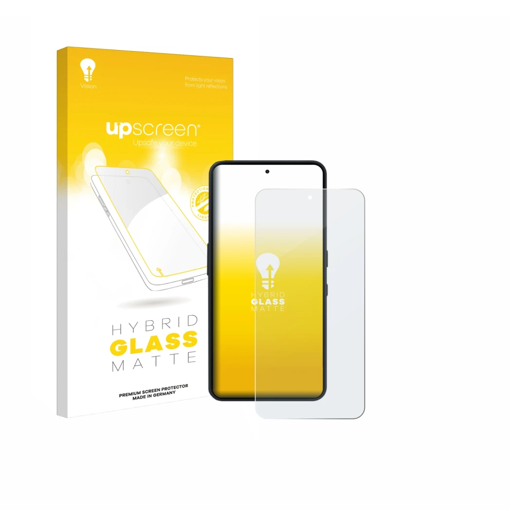 Parte frontale di una confezione del prodotto con il logo del marchio upscreen. Accanto è raffigurato il dispositivo Nothing P