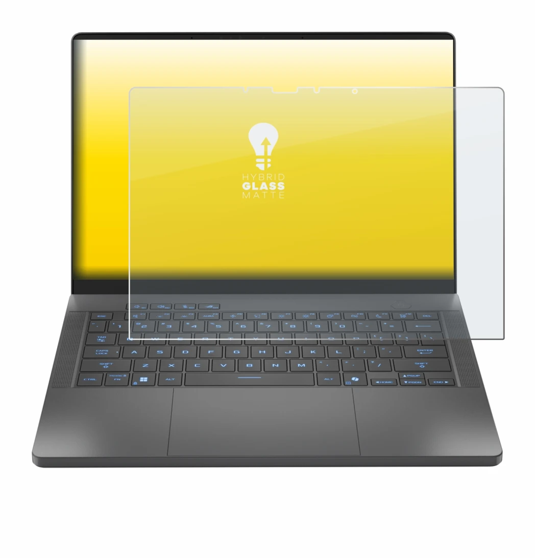 Immagine del dispositivo ASUS ROG Zephyrus G14 2025 GA403 con un'ampia varietà di protezioni per lo schermo.