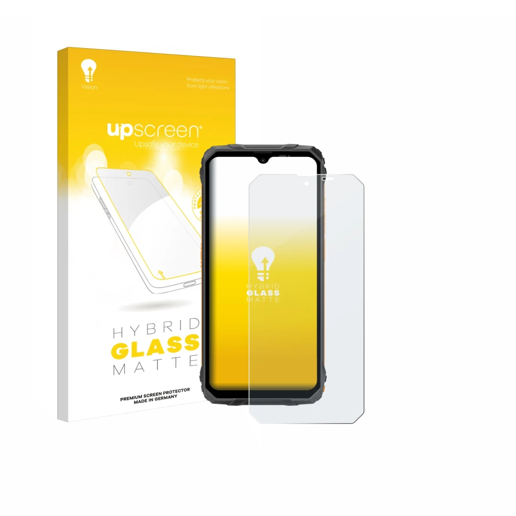 Parte frontale di una confezione del prodotto con il logo del marchio upscreen. Accanto è raffigurato il dispositivo Blackview