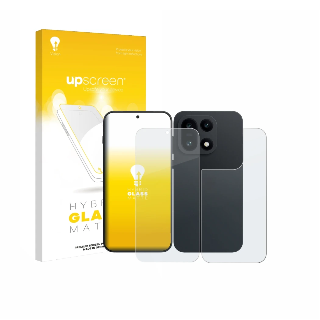 Parte frontale di una confezione del prodotto con il logo del marchio upscreen. Accanto è raffigurato il dispositivo OnePlus 1