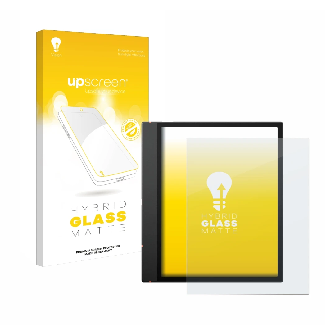 Parte frontale di una confezione del prodotto con il logo del marchio upscreen. Accanto è raffigurato il dispositivo Boox Note