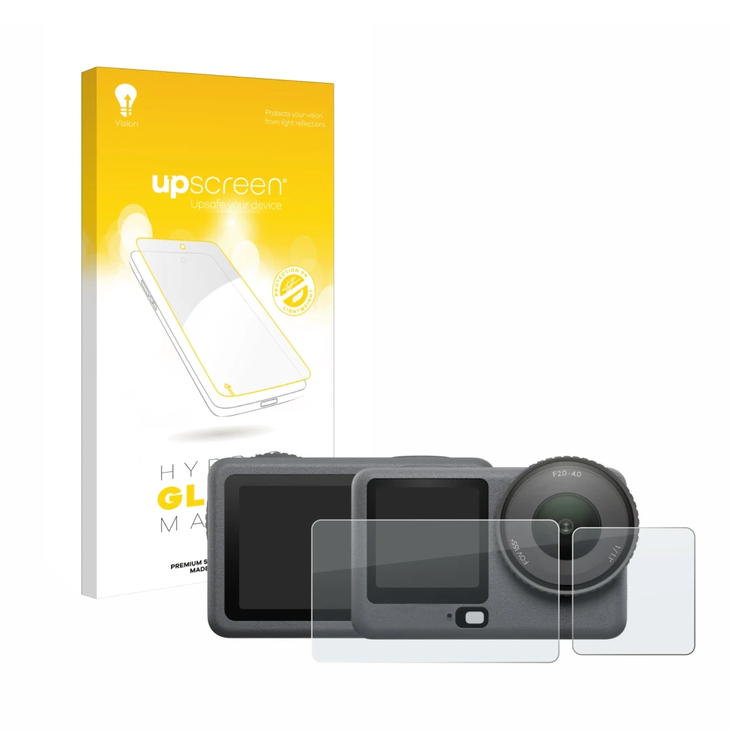 Parte frontale di una confezione del prodotto con il logo del marchio upscreen. Accanto è raffigurato il dispositivo DJI Osmo 