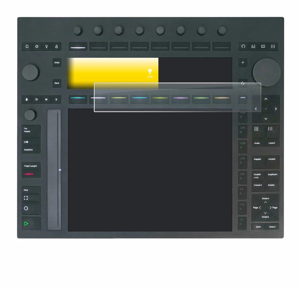 Immagine del dispositivo Ableton Push 3 con un'ampia varietà di protezioni per lo schermo.