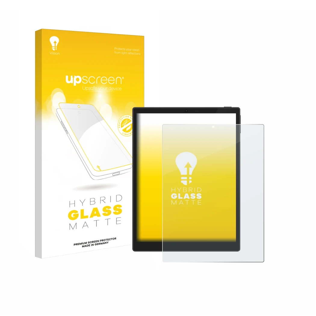 Parte frontale di una confezione del prodotto con il logo del marchio upscreen. Accanto è raffigurato il dispositivo Hannspree