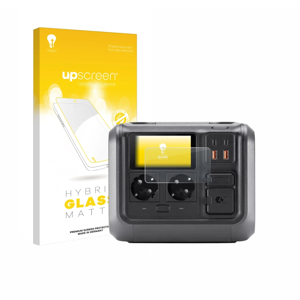 Parte frontale di una confezione del prodotto con il logo del marchio upscreen. Accanto è raffigurato il dispositivo DJI Power