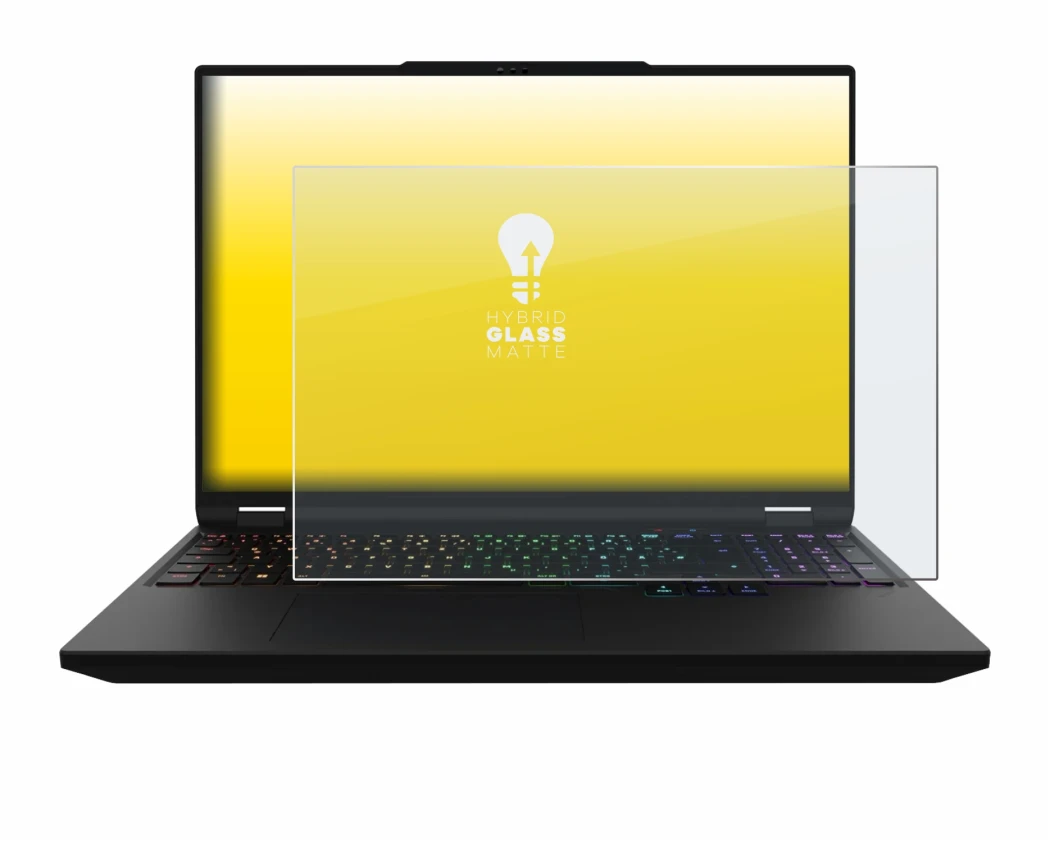 Immagine del dispositivo XMG Apex 16 Max con un'ampia varietà di protezioni per lo schermo.