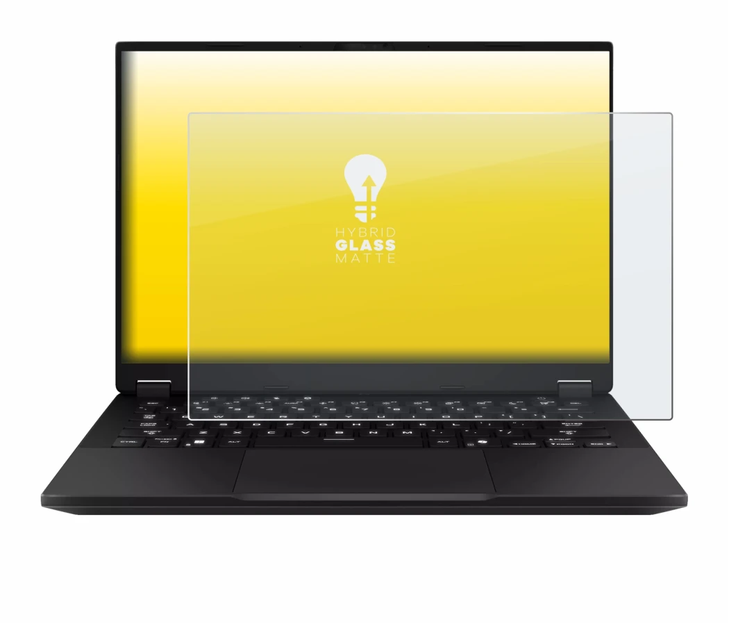 Immagine del dispositivo ASUS TUF Gaming A14 con un'ampia varietà di protezioni per lo schermo.