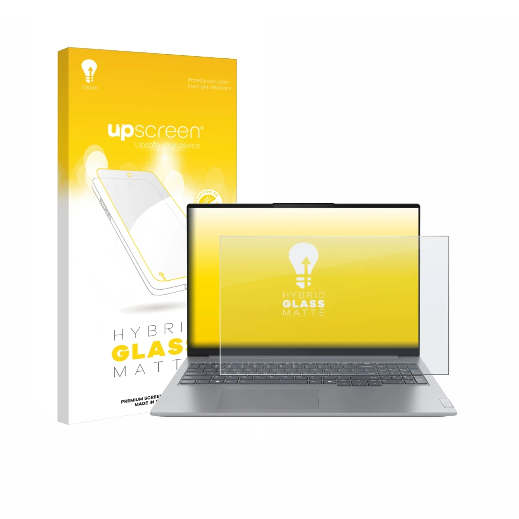 Parte frontale di una confezione del prodotto con il logo del marchio upscreen. Accanto è raffigurato il dispositivo Lenovo Th