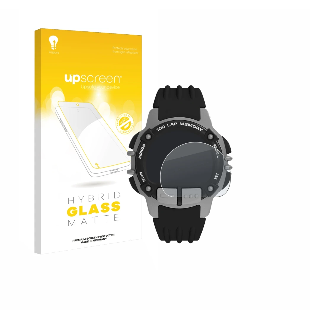 Parte frontale di una confezione del prodotto con il logo del marchio upscreen. Accanto è raffigurato il dispositivo Timex Iro