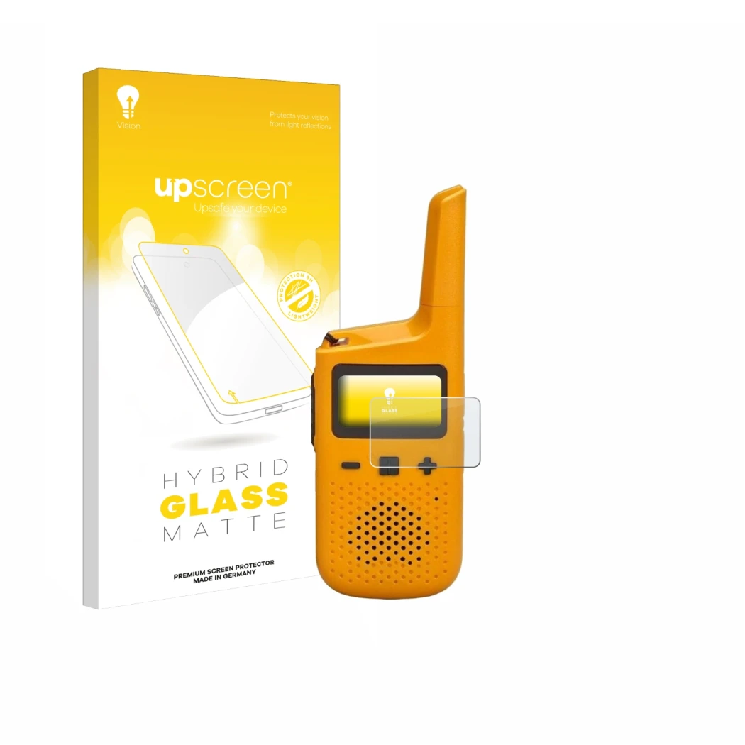 Parte frontale di una confezione del prodotto con il logo del marchio upscreen. Accanto è raffigurato il dispositivo Motorola 