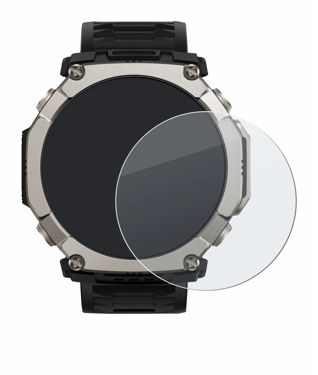 Immagine del dispositivo Huami Amazfit T-Rex Ultra 2 con un'ampia varietà di protezioni per lo schermo.