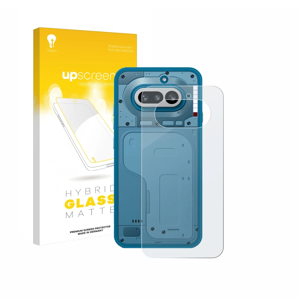 Parte frontale di una confezione del prodotto con il logo del marchio upscreen. Accanto è raffigurato il dispositivo Nothing P