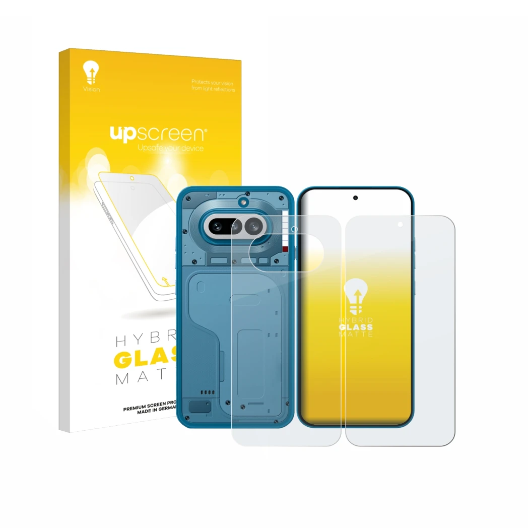 Parte frontale di una confezione del prodotto con il logo del marchio upscreen. Accanto è raffigurato il dispositivo Nothing P