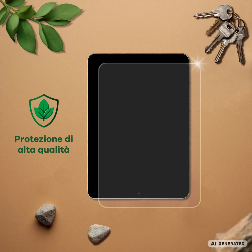 Dispositivo con pellicola protettiva, accanto chiavi, pietre, foglie e il testo 