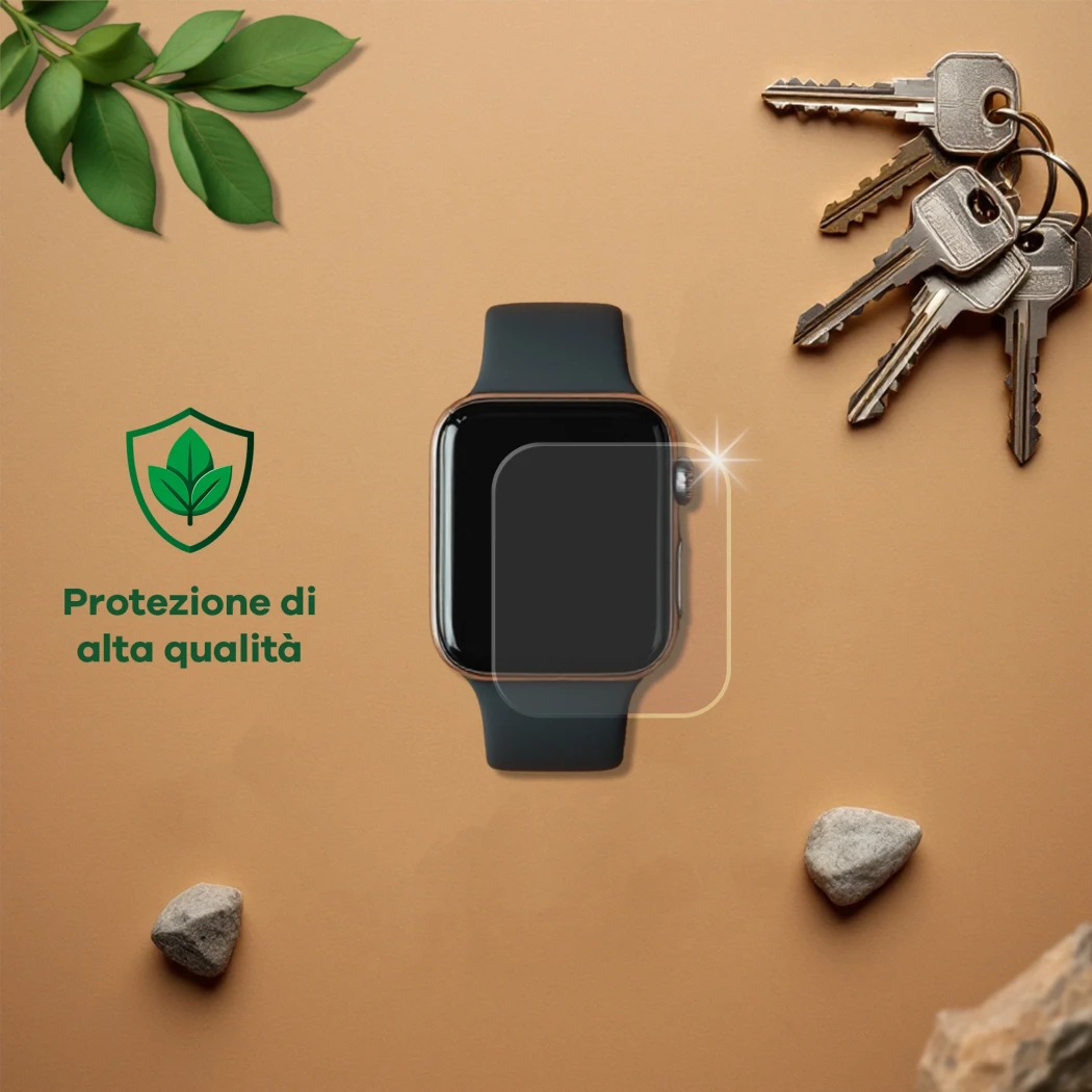 Dispositivo con pellicola protettiva, accanto chiavi, pietre, foglie e il testo 