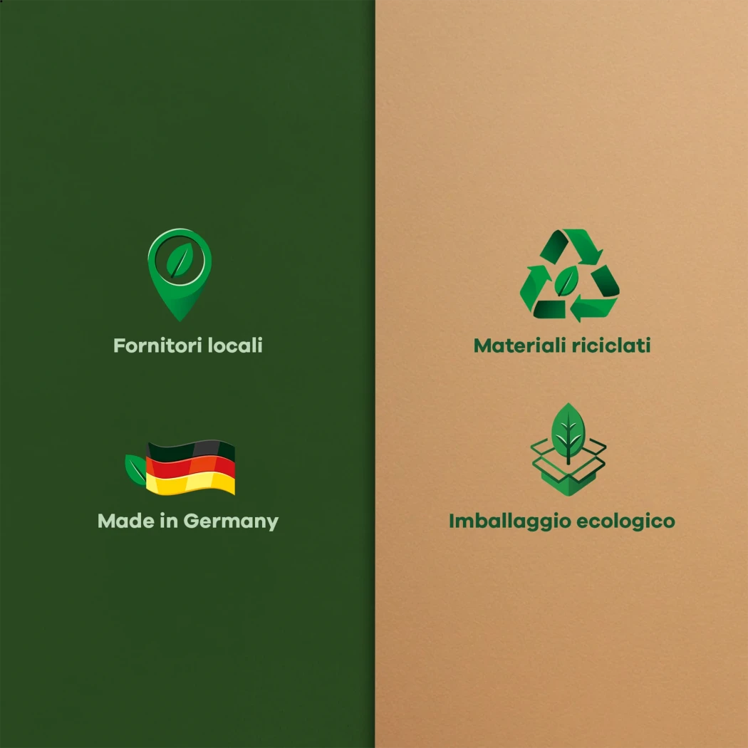 Scritte che includono le seguenti informazioni: fornitori regionali, materiali riciclati 