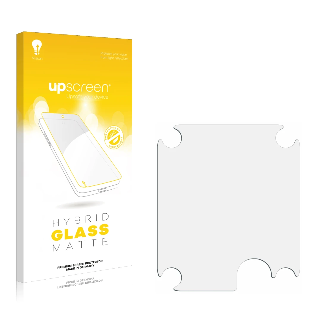 Parte frontale di una confezione del prodotto con il logo del marchio upscreen. Accanto si trova la protezione per lo schermo 