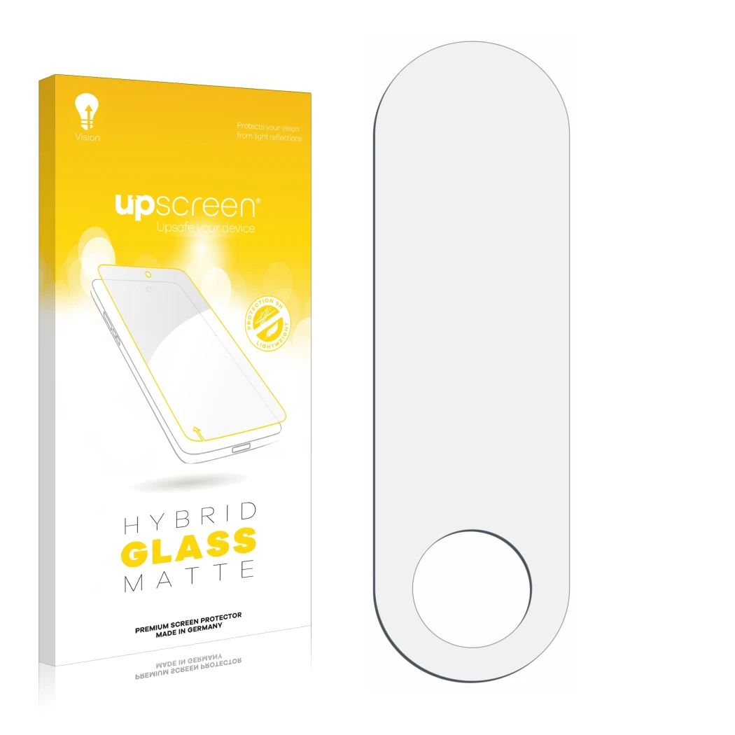 Parte frontale di una confezione del prodotto con il logo del marchio upscreen. Accanto si trova la protezione per lo schermo 