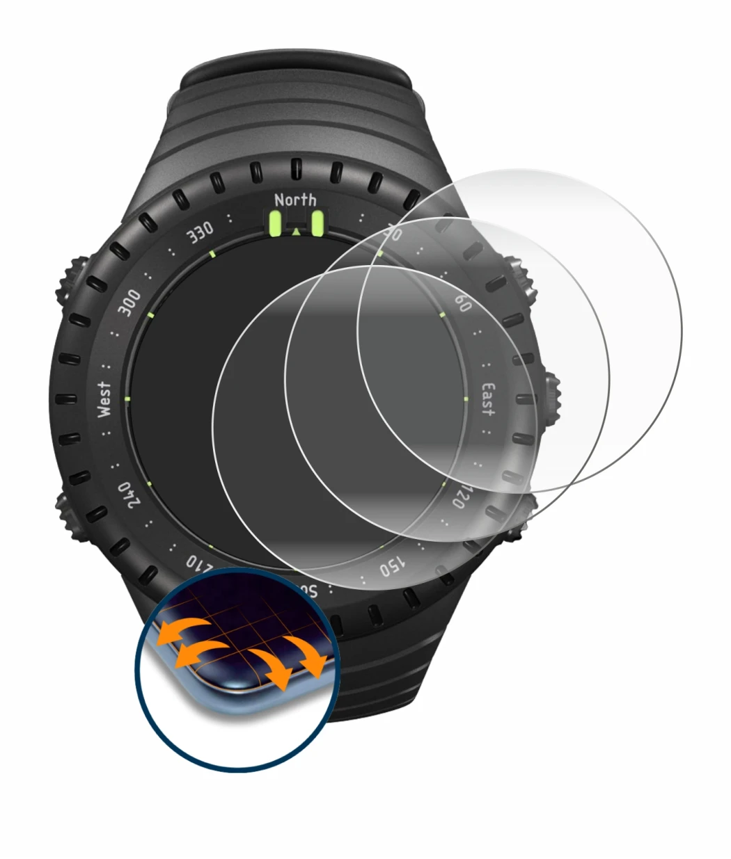 Immagine del dispositivo Suunto Core All Black con un'ampia varietà di protezioni per lo schermo.