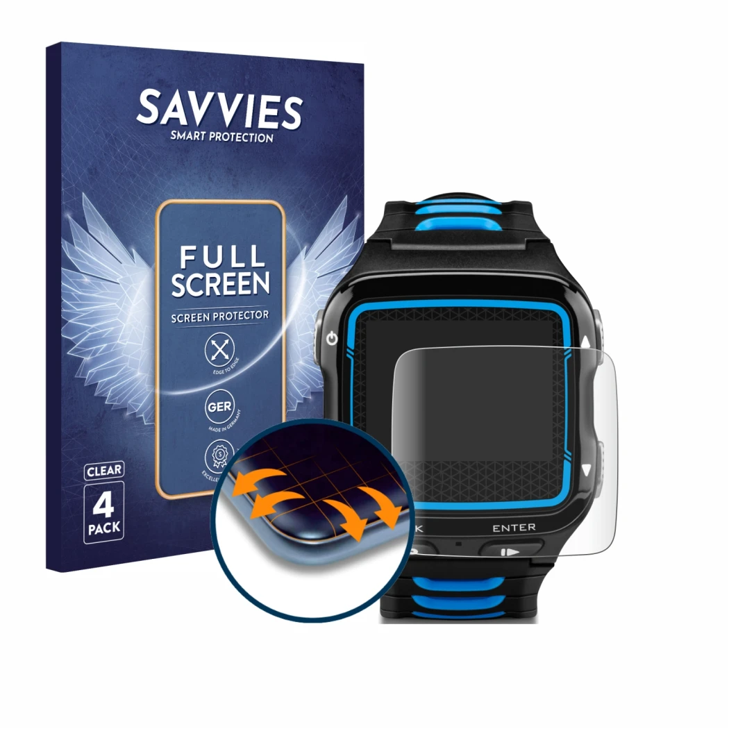 Parte frontale di una confezione del prodotto con il logo del marchio Savvies. Accanto è raffigurato il dispositivo Garmin For