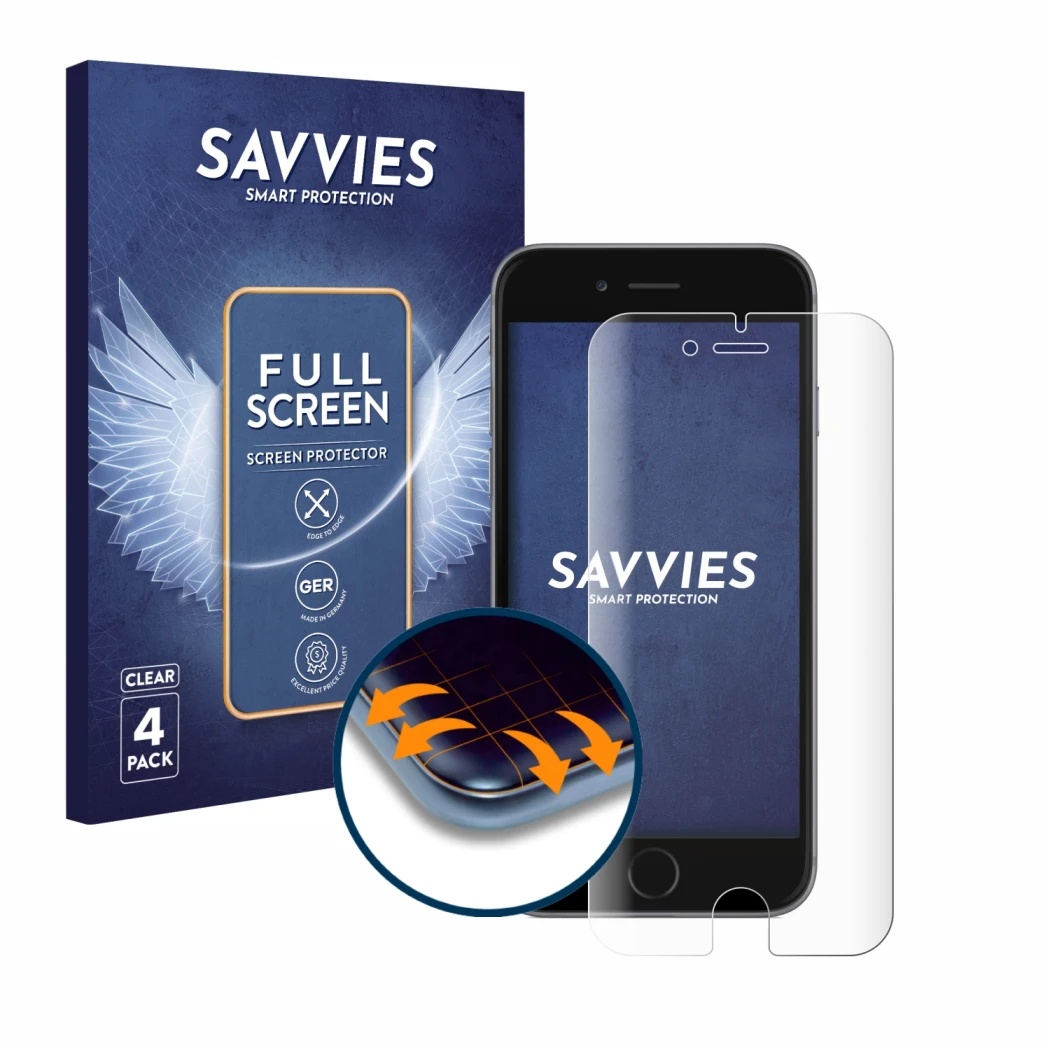 Parte frontale di una confezione del prodotto con il logo del marchio Savvies. Accanto è raffigurato il dispositivo Apple iPho