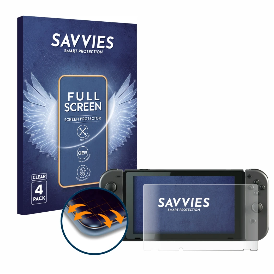 Parte frontale di una confezione del prodotto con il logo del marchio Savvies. Accanto è raffigurato il dispositivo Nintendo S