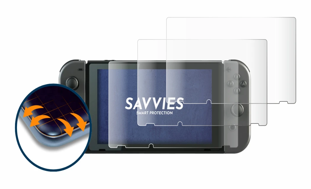 Immagine del dispositivo Nintendo Switch con un'ampia varietà di protezioni per lo schermo.
