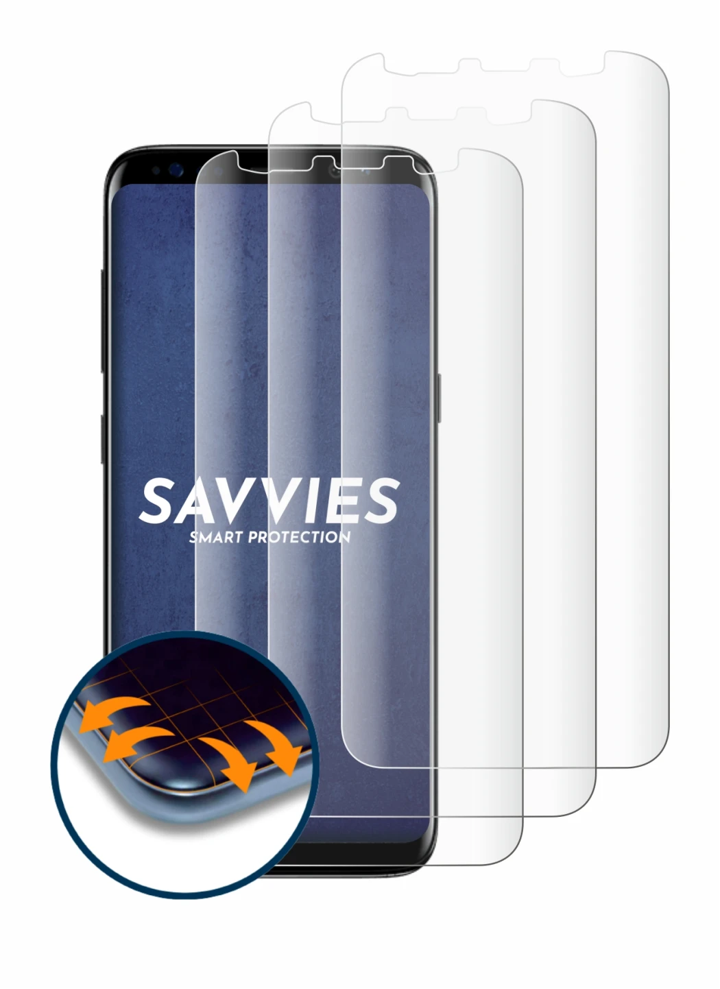 Immagine del dispositivo Samsung Galaxy S8 con un'ampia varietà di protezioni per lo schermo.