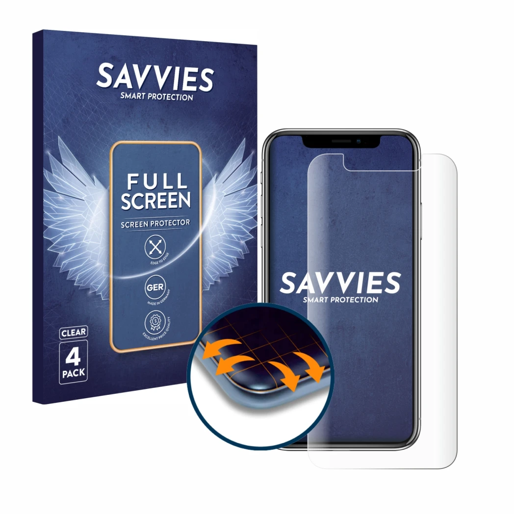 Parte frontale di una confezione del prodotto con il logo del marchio Savvies. Accanto è raffigurato il dispositivo Apple iPho