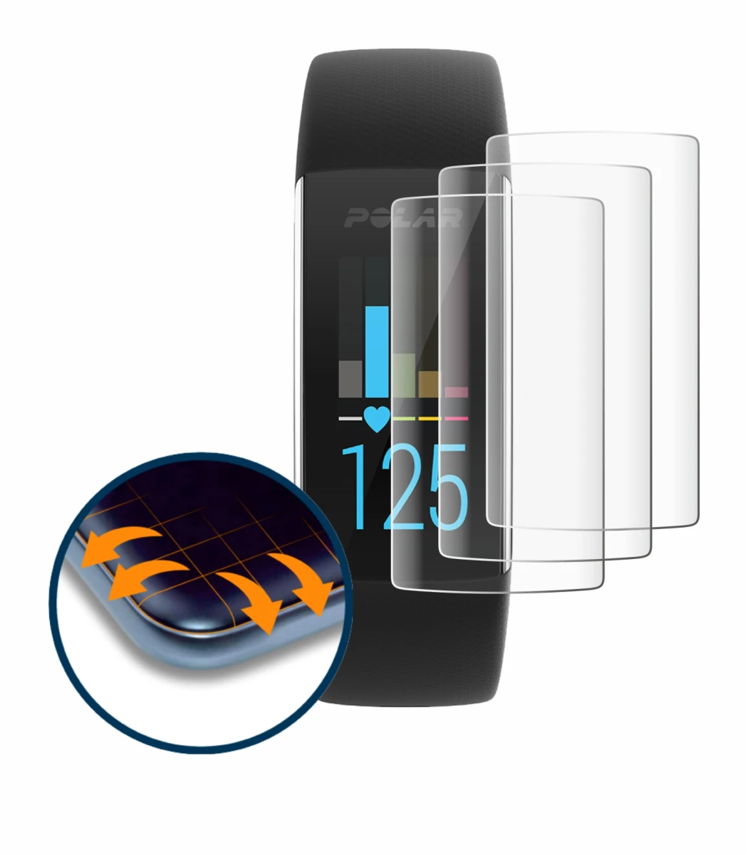 Immagine del dispositivo Polar A370 con un'ampia varietà di protezioni per lo schermo.