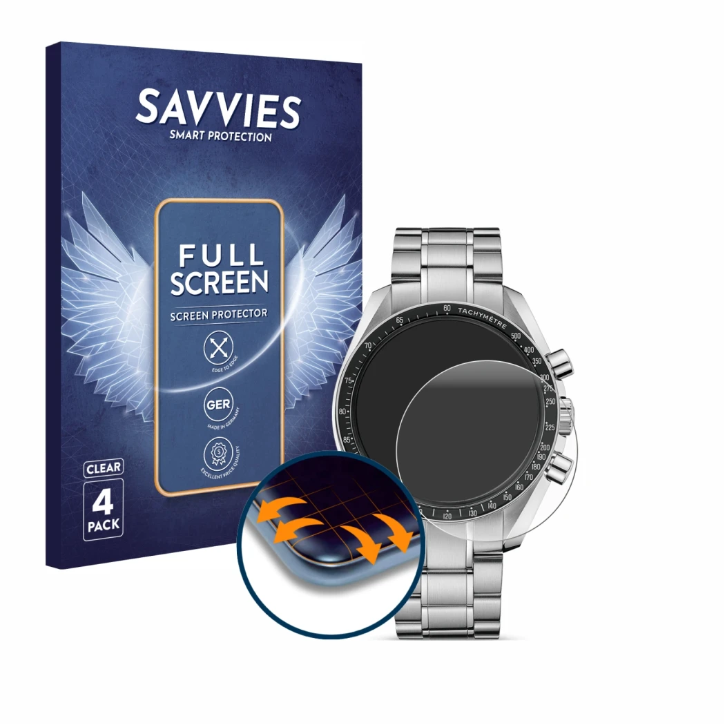 Parte frontale di una confezione del prodotto con il logo del marchio Savvies. Accanto è raffigurato il dispositivo Omega Spee