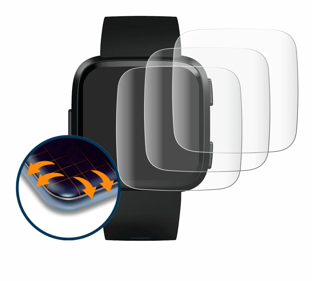 Immagine del dispositivo Fitbit Versa con un'ampia varietà di protezioni per lo schermo.