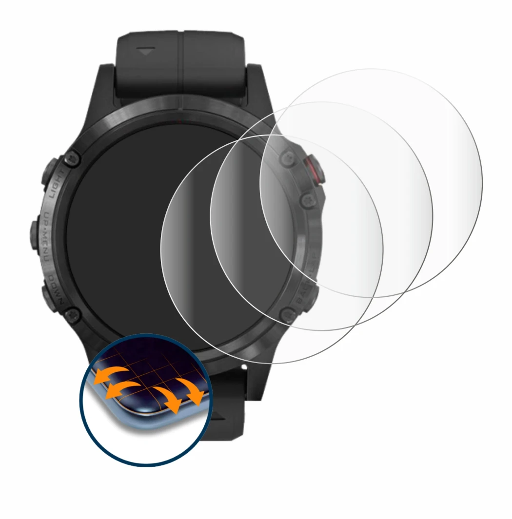 Immagine del dispositivo Garmin Fenix 5 Plus (47 mm) con un'ampia varietà di protezioni per lo schermo.