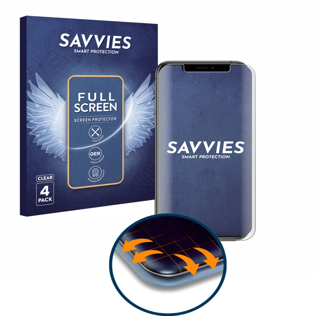 Parte frontale di una confezione del prodotto con il logo del marchio Savvies. Accanto è raffigurato il dispositivo Apple iPho
