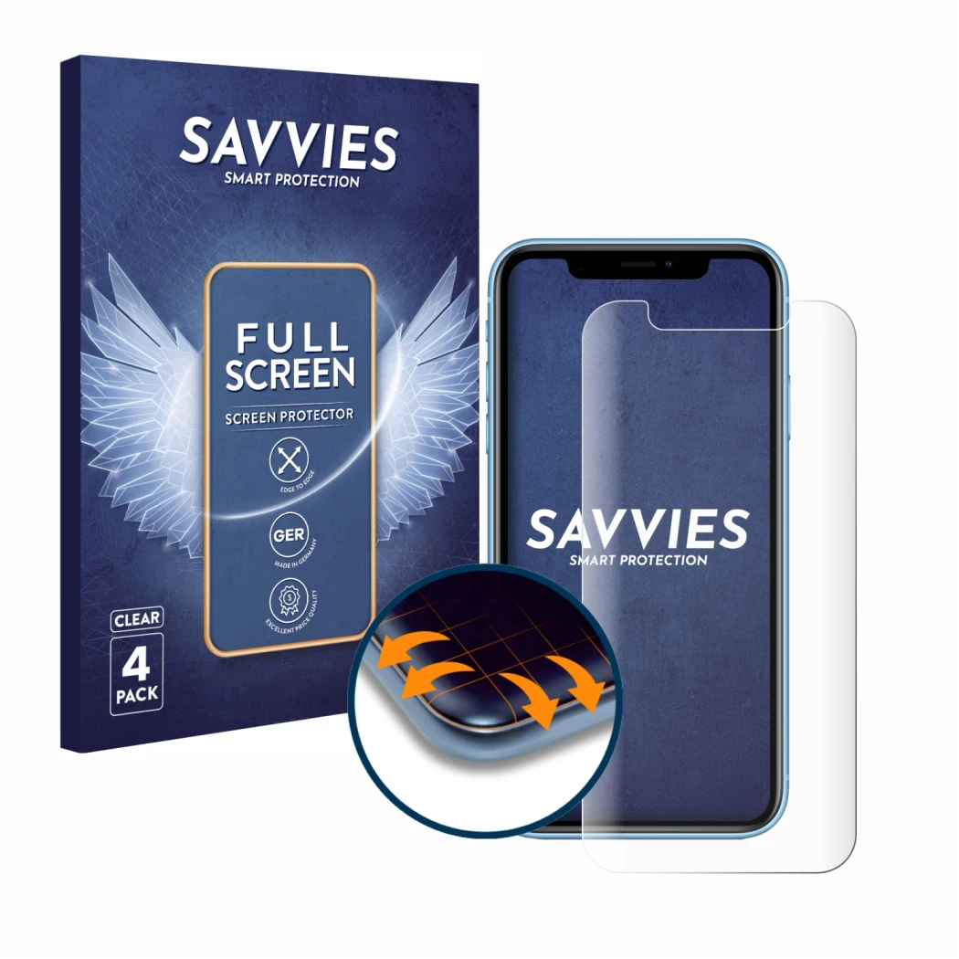 Parte frontale di una confezione del prodotto con il logo del marchio Savvies. Accanto è raffigurato il dispositivo Apple iPho