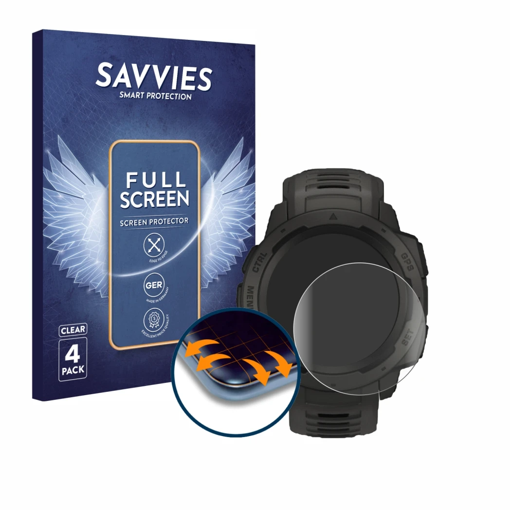 Parte frontale di una confezione del prodotto con il logo del marchio Savvies. Accanto è raffigurato il dispositivo Garmin Ins
