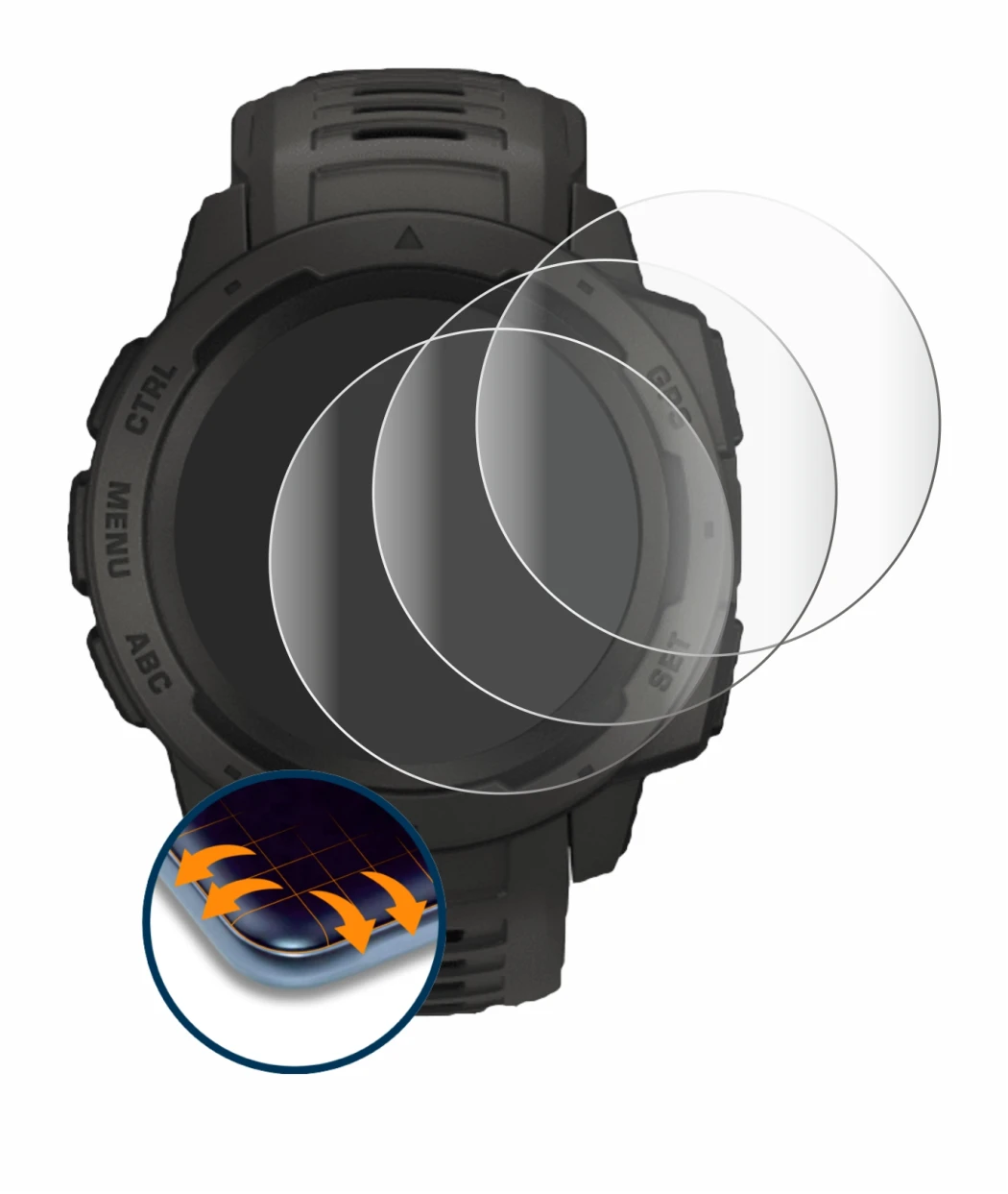 Immagine del dispositivo Garmin Instinct con un'ampia varietà di protezioni per lo schermo.