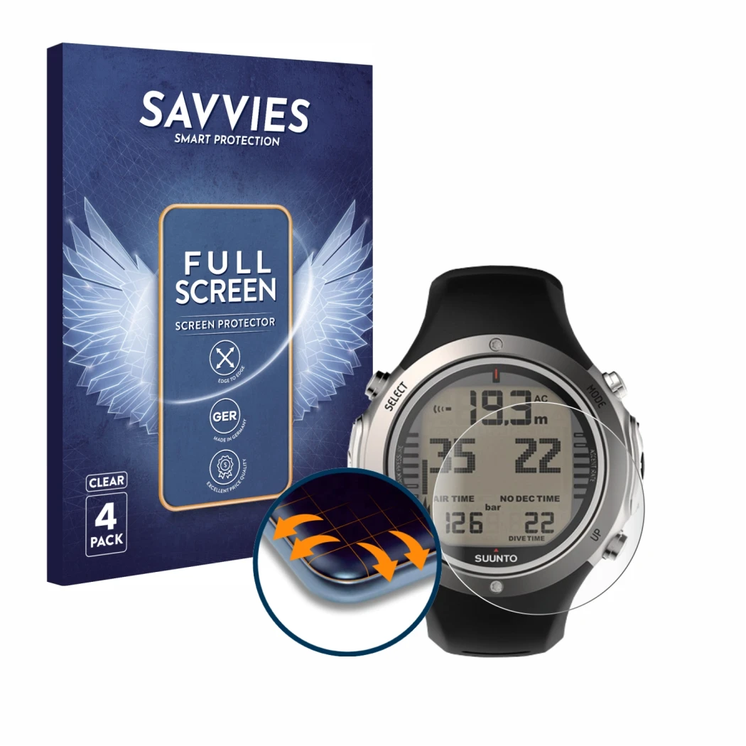 Parte frontale di una confezione del prodotto con il logo del marchio Savvies. Accanto è raffigurato il dispositivo Suunto D6I