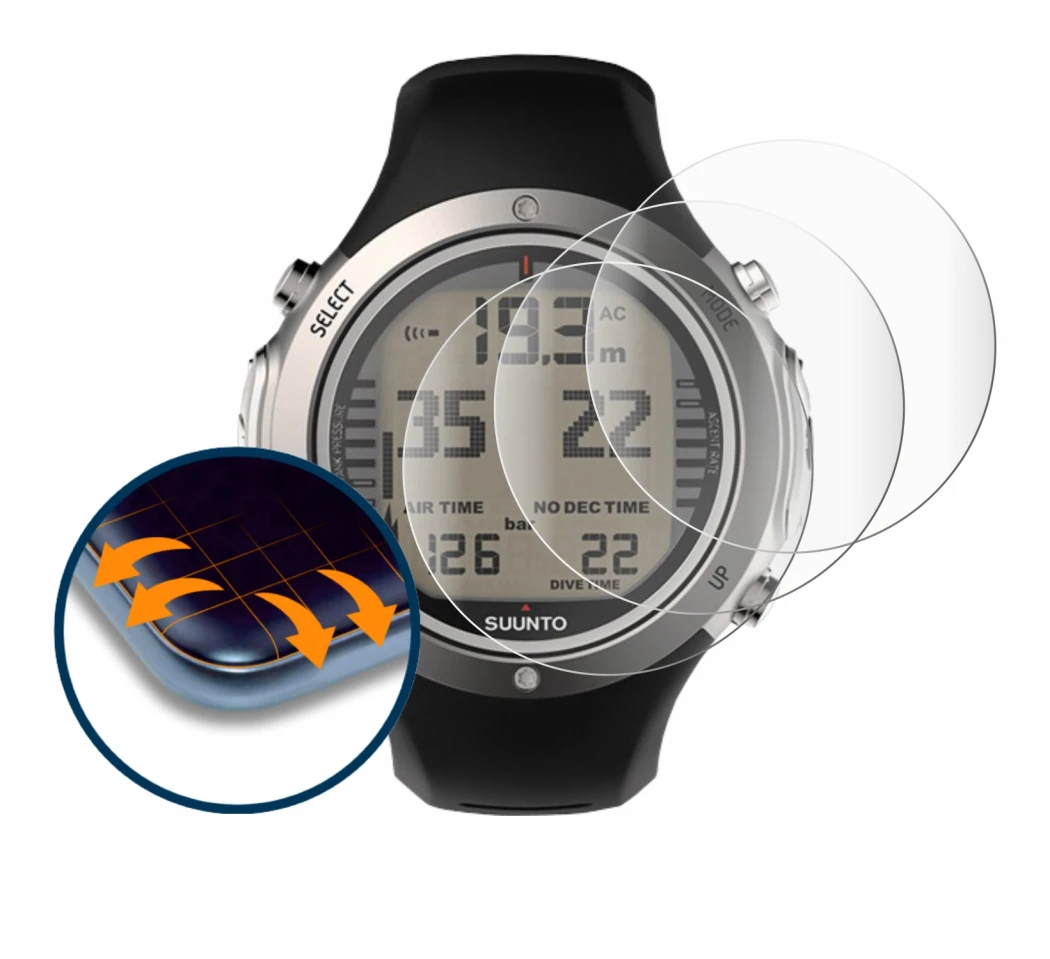 Immagine del dispositivo Suunto D6I Novo con un'ampia varietà di protezioni per lo schermo.